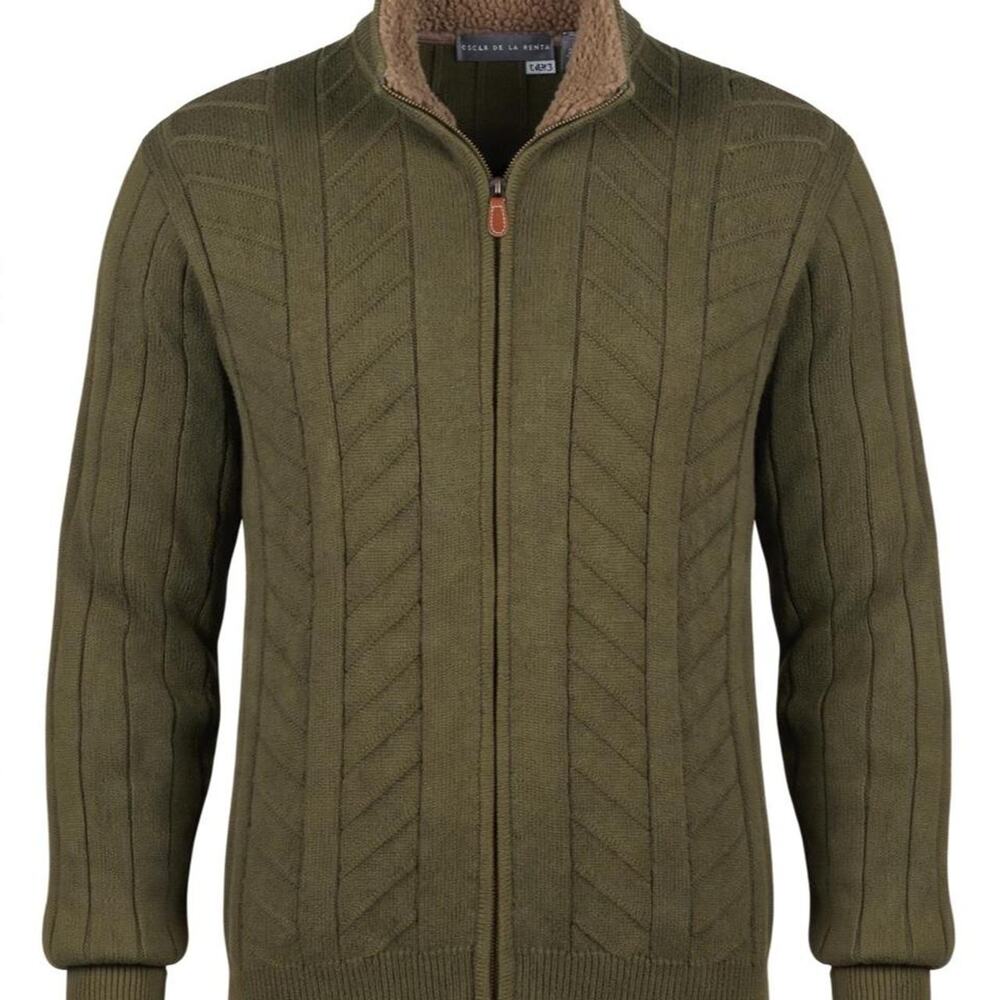 Oscar De La Renta Mens XL Olive Green Full Zip Sweater Sherpa Lined Collar